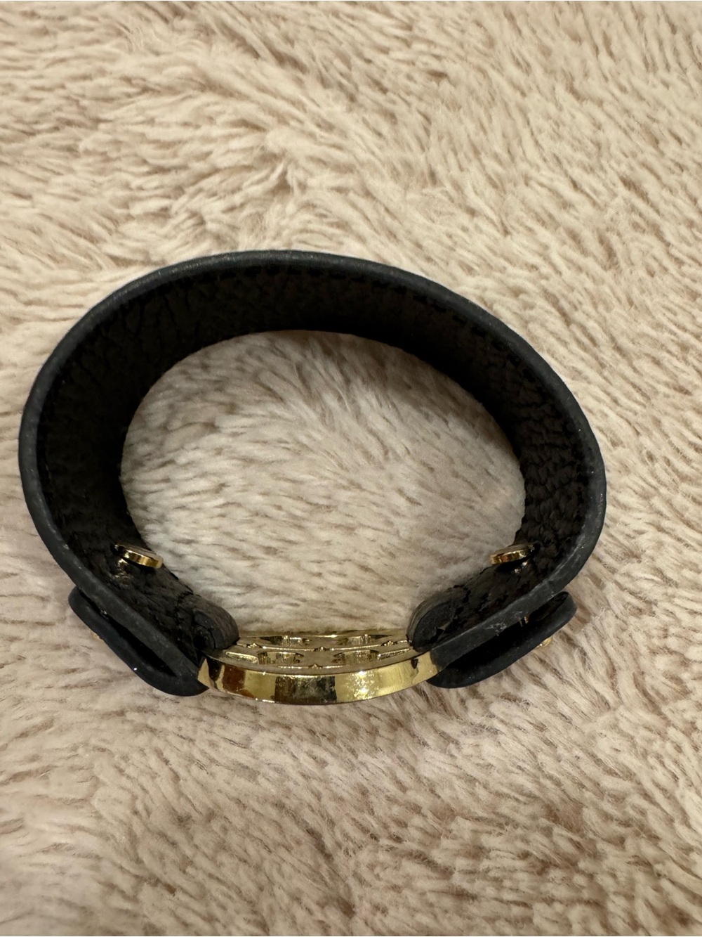 Tory Burch Black Leather Bracelet with Gold Logo Medallion - Picture 3 of 3